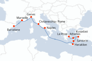 Carte itinéraire croisière Mediterráneo con Islas Griegas e Italia - 10 jours au départ de Barcelone - Méditerranée