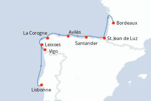 Carte itinéraire croisière La côte Atlantique avec le Ballet de l Opéra national de Paris - 9 jours au départ de Lisbonne - Garonne Dordogne