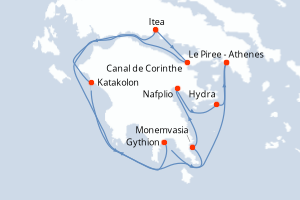 Carte itinéraire croisière Paysages et sites emblématiques du Péloponnèse - 7 jours au départ de Le Piree - Athenes - Méditerranée