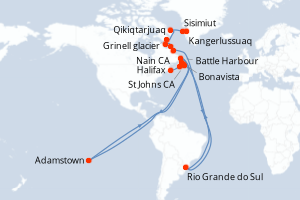 Carte itinéraire croisière Des côtes sauvages du Groenland à la côte est du Canada - 17 jours au départ de Kangerlussuaq - Canada Bermudes