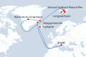 Carte itinéraire croisière Au c?ur des glaces de l Arctique, du Svalbard au Groenland - 16 jours au départ de Longyearbyen - Europe du Nord