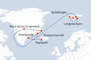 Carte itinéraire croisière Au c?ur des glaces de l Arctique, du Svalbard au Groenland - 16 jours au départ de Longyearbyen - Europe du Nord