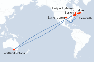 Carte itinéraire croisière Nouvelle-Écosse et côte est des États-Unis - 13 jours au départ de Boston - Amérique du Nord