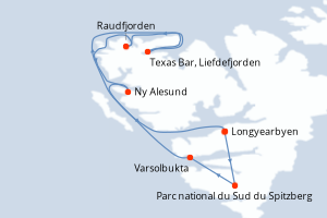 Carte itinéraire croisière Fjords et glaciers du Spitzberg - 7 jours au départ de Longyearbyen - Spitzberg