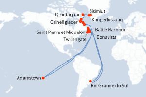 Carte itinéraire croisière Des côtes sauvages du Groenland à la côte est du Canada - 14 jours au départ de Kangerlussuaq - Canada Bermudes