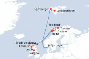Carte itinéraire croisière De l Écosse au Spitzberg - 13 jours au départ de Glasgow - Spitzberg