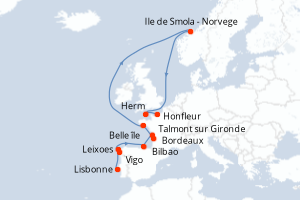 Carte itinéraire croisière Péninsule ibérique et cités fortifiées d Atlantique - 11 jours au départ de Lisbonne - Atlantique