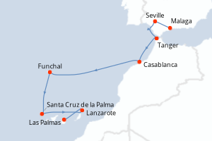 Carte itinéraire croisière Odyssée atlantique de la péninsule ibérique aux Canaries - 10 jours au départ de Malaga - Iles Canaries