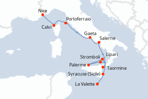 Carte itinéraire croisière Rivages italiens et île de Beauté - 9 jours au départ de La Valette - Méditerranée