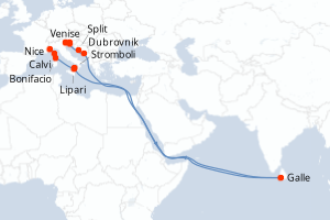 Carte itinéraire croisière De la mer Tyrrhénienne à l Adriatique - 12 jours au départ de Nice - Méditerranée
