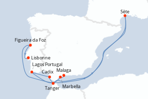 Carte itinéraire croisière Péninsule ibérique et Maroc - 7 jours au départ de Malaga - Atlantique