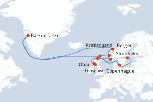 Carte itinéraire croisière Terres légendaires et cités du Nord - 9 jours au départ de Glasgow - Europe du Nord