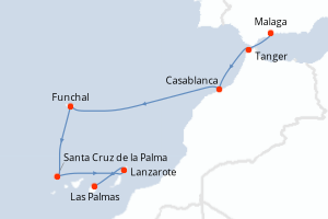 Carte itinéraire croisière Odyssée atlantique de la péninsule ibérique aux Canaries - 8 jours au départ de Malaga - Iles Canaries