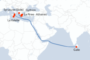 Carte itinéraire croisière Cités antiques de Méditerranée - 8 jours au départ de La Valette - Méditerranée