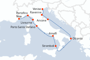 Carte itinéraire croisière Joyaux des côtes italiennes - 10 jours au départ de Venise - Méditerranée