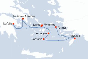 Carte itinéraire croisière Cruising the Greek Islands of the Southern Aegean ? with Smithsonian Journeys - 7 jours au départ de Le Piree - Athenes - Méditerranée