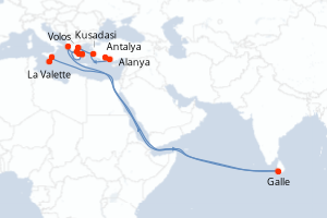 Carte itinéraire croisière La Méditerranée : empreintes des grandes civilisations - 10 jours au départ de Antalya - Méditerranée