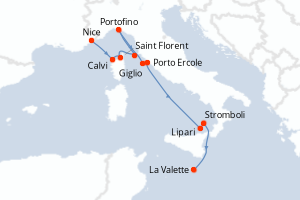 Carte itinéraire croisière Île de Beauté, rivages italiens et Malte - 10 jours au départ de Nice - Méditerranée