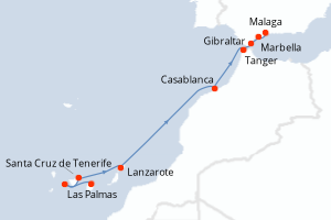 Carte itinéraire croisière Canaries, Maroc et péninsule ibérique - 10 jours au départ de Las Palmas - Méditerranée