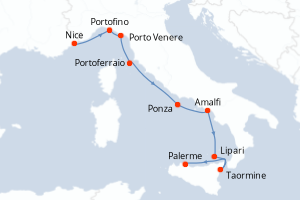 Carte itinéraire croisière De la Riviera ligure à la Sicile, sous les voiles du Ponant - 7 jours au départ de Nice - Méditerranée