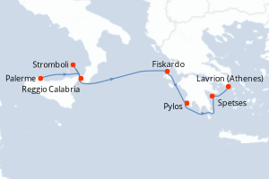 Carte itinéraire croisière De la Sicile aux îles grecques, sous les voiles du Ponant - 7 jours au départ de Palerme - Méditerranée