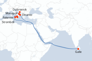 Carte itinéraire croisière Des Pouilles à la Sicile, sous les voiles du Ponant - 7 jours au départ de Dubrovnik - Méditerranée