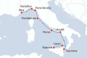 Carte itinéraire croisière De la Sicile à la Riviera ligure, sous les voiles du Ponant - 7 jours au départ de Palerme - Méditerranée