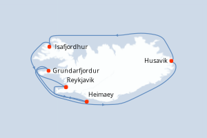 Carte itinéraire croisière Mosaïque islandaise - 7 jours au départ de Reykjavik - Europe du Nord