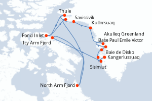 Carte itinéraire croisière Cap sur la région de Thulé - 16 jours au départ de Kangerlussuaq - Gröenland