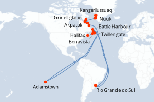 Carte itinéraire croisière Des côtes sauvages du Groenland à la côte est du Canada - 17 jours au départ de Kangerlussuaq - Canada Bermudes
