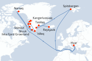 Carte itinéraire croisière Expédition à la lisière de l inlandsis - 13 jours au départ de Reykjavik - Gröenland