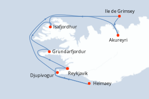 Carte itinéraire croisière Nature et traditions islandaises - 9 jours au départ de Reykjavik - Europe du Nord