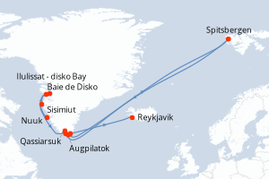 Carte itinéraire croisière Premières rencontres et baie de Disko insoupçonnée - 15 jours au départ de Nuuk - Europe du Nord