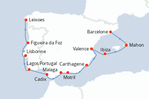 Carte itinéraire croisière Joyaux insulaires et rivages ibériques - 11 jours au départ de Barcelone - Atlantique