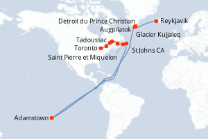 Carte itinéraire croisière Exploration du Groenland au Canada par Saint-Pierre-et-Miquelon - 15 jours au départ de Reykjavik - Saint Laurent