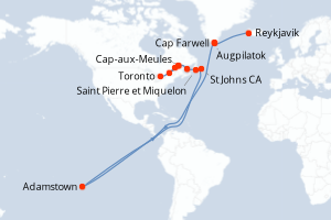 Carte itinéraire croisière Exploration du Groenland au Canada par Saint-Pierre-et-Miquelon - 15 jours au départ de Reykjavik - Saint Laurent