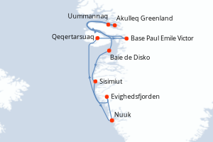 Carte itinéraire croisière Baie de Disko et villages inuits - 7 jours au départ de Nuuk - Gröenland