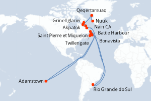 Carte itinéraire croisière Des côtes sauvages du Groenland à la côte est du Canada - 14 jours au départ de Nuuk - Canada Bermudes