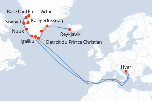 Carte itinéraire croisière Expédition à la lisière de l inlandsis - 13 jours au départ de Reykjavik - Gröenland