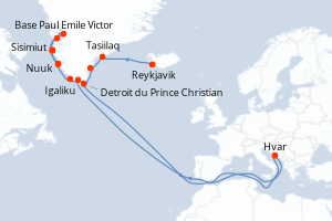 Carte itinéraire croisière Expédition à la lisière de l inlandsis - 13 jours au départ de Reykjavik - Gröenland