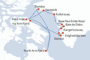 Carte itinéraire croisière Les secrets de la mer de Baffin - 13 jours au départ de Kangerlussuaq - Gröenland