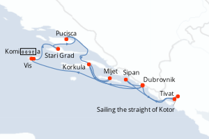 Carte itinéraire croisière La Croatie, sous les voiles du Ponant - 7 jours au départ de Dubrovnik - Adriatique