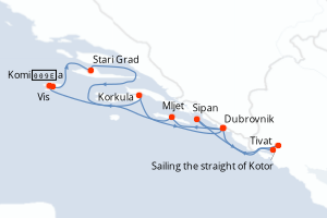 Carte itinéraire croisière La Croatie, sous les voiles du Ponant - 7 jours au départ de Dubrovnik - Adriatique