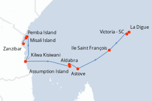 Carte itinéraire croisière Zanzibar, Aldabra et trésors de l océan Indien - 12 jours au départ de Victoria - SC - Seychelles