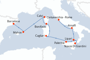 Carte itinéraire croisière Italie, France, Espagne - 9 jours au départ de Civitavecchia - Rome - Méditerranée