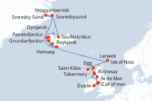 Carte itinéraire croisière Irlande, Royaume-Uni, Islande, Gröenland, Norvège - 20 jours au départ de Dublin - Europe du Nord