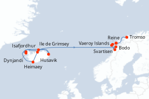 Carte itinéraire croisière Islande, Norvège - 12 jours au départ de Isafjordhur - Europe du Nord