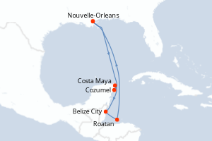 Carte itinéraire croisière États-Unis, Mexique, Belize, Honduras - 9 jours au départ de Nouvelle-Orleans - Caraïbes Mexique