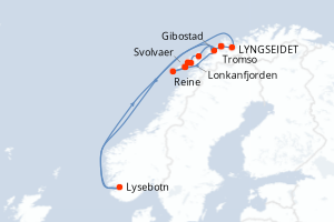 Carte itinéraire croisière Norvège Majestueuse ? Expédition en Arctique à la lueur des Aurores Boréales - 7 jours au départ de Tromso - Europe du Nord