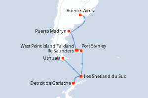 Carte itinéraire croisière Expédition en Antarctique et dans les îles Malouines - 17 jours au départ de Ushuaia - Amérique du Sud